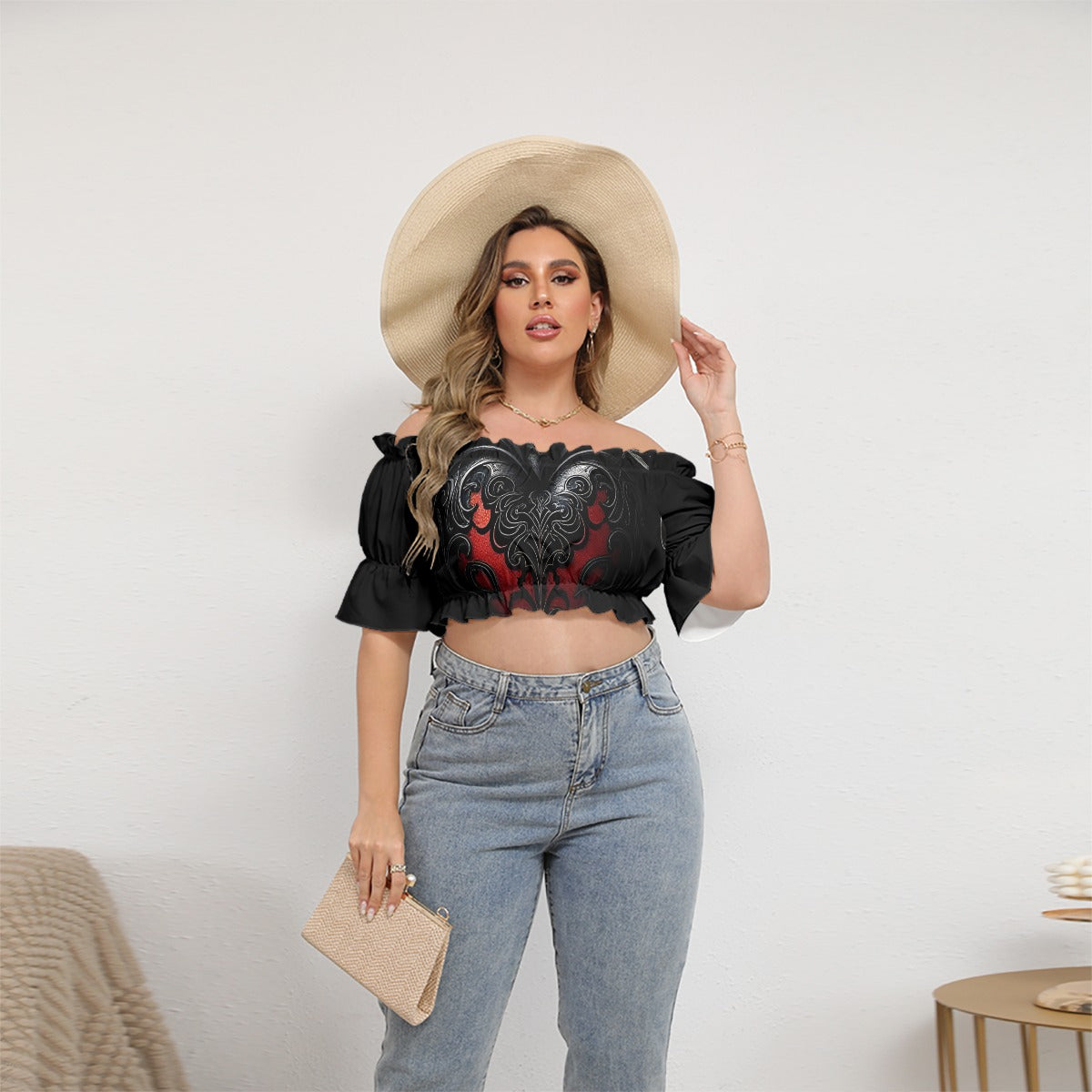 Stand out with the Queen of Hearts Off-shoulder Cropped Top (Plus Size) available at Hey Nugget. Grab yours today!