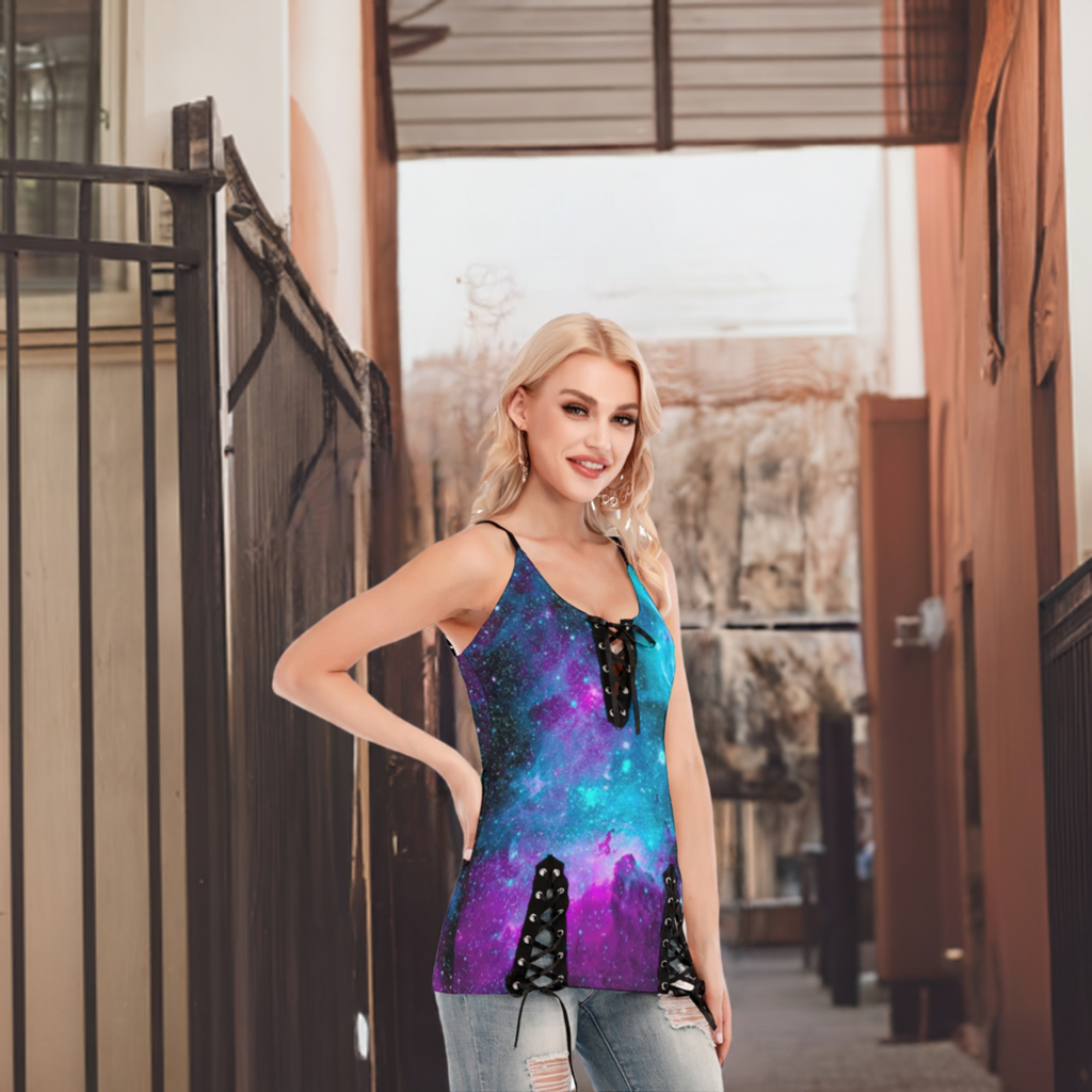Stand out with the Galaxy Women's V-neck Eyelet Lace-up Shirt available at Hey Nugget. Grab yours today!
