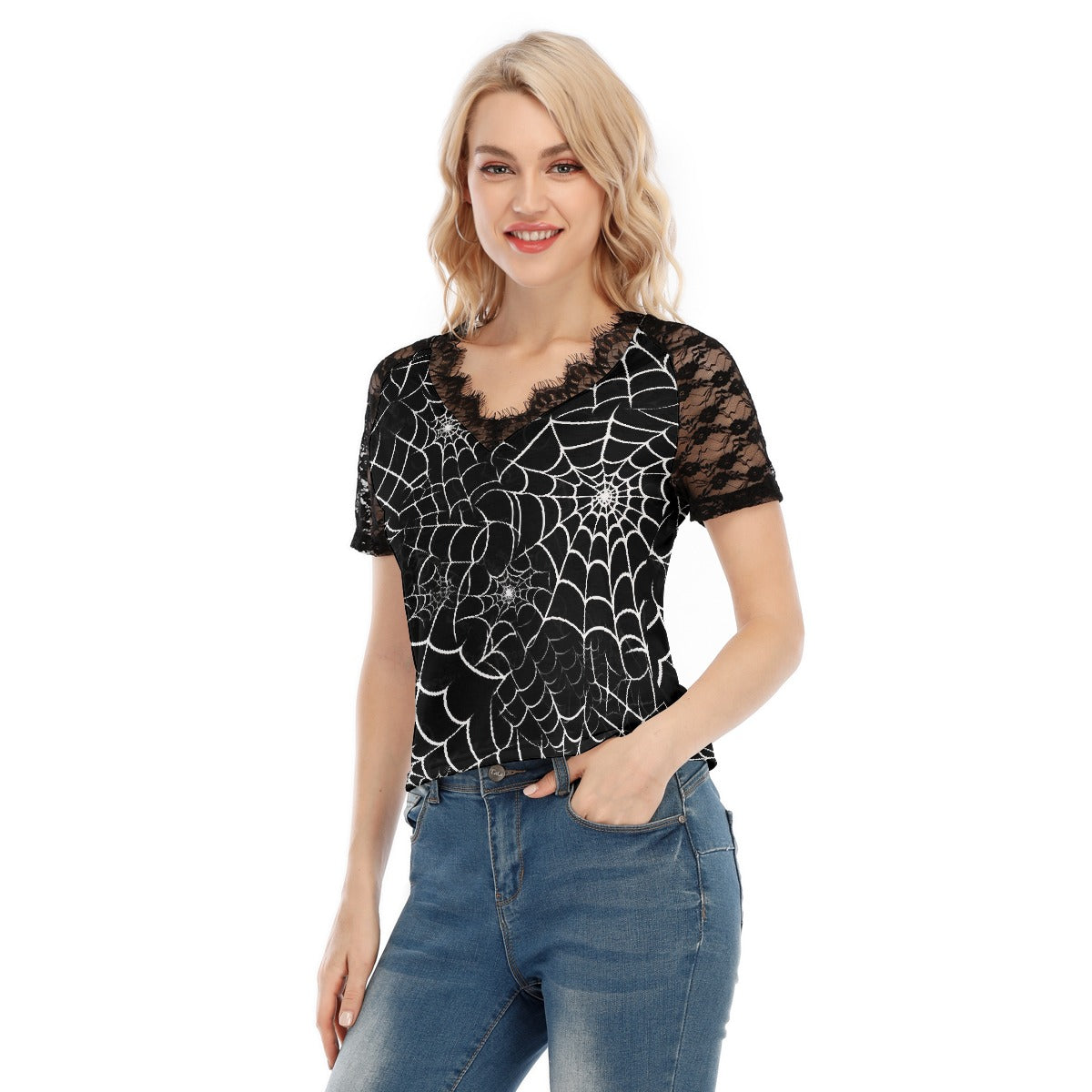 Stand out with the Spider Quen Women's V-neck T-shirt available at Hey Nugget. Grab yours today!