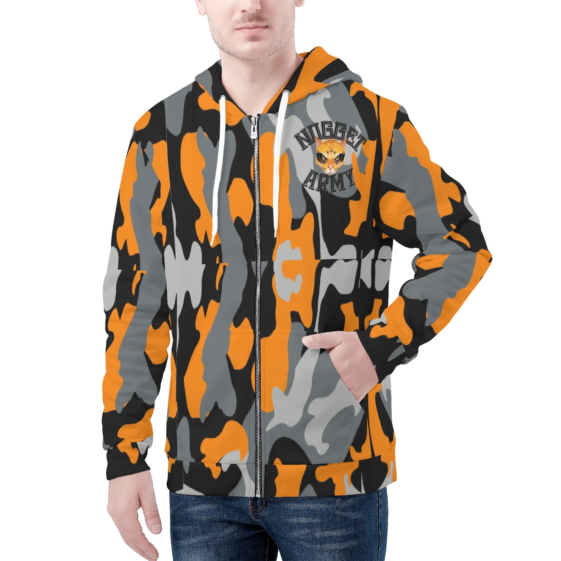 Stand out  with the  Nugget Army Vet Mens Zip Up Hoodie  available at Hey Nugget. Grab yours today!