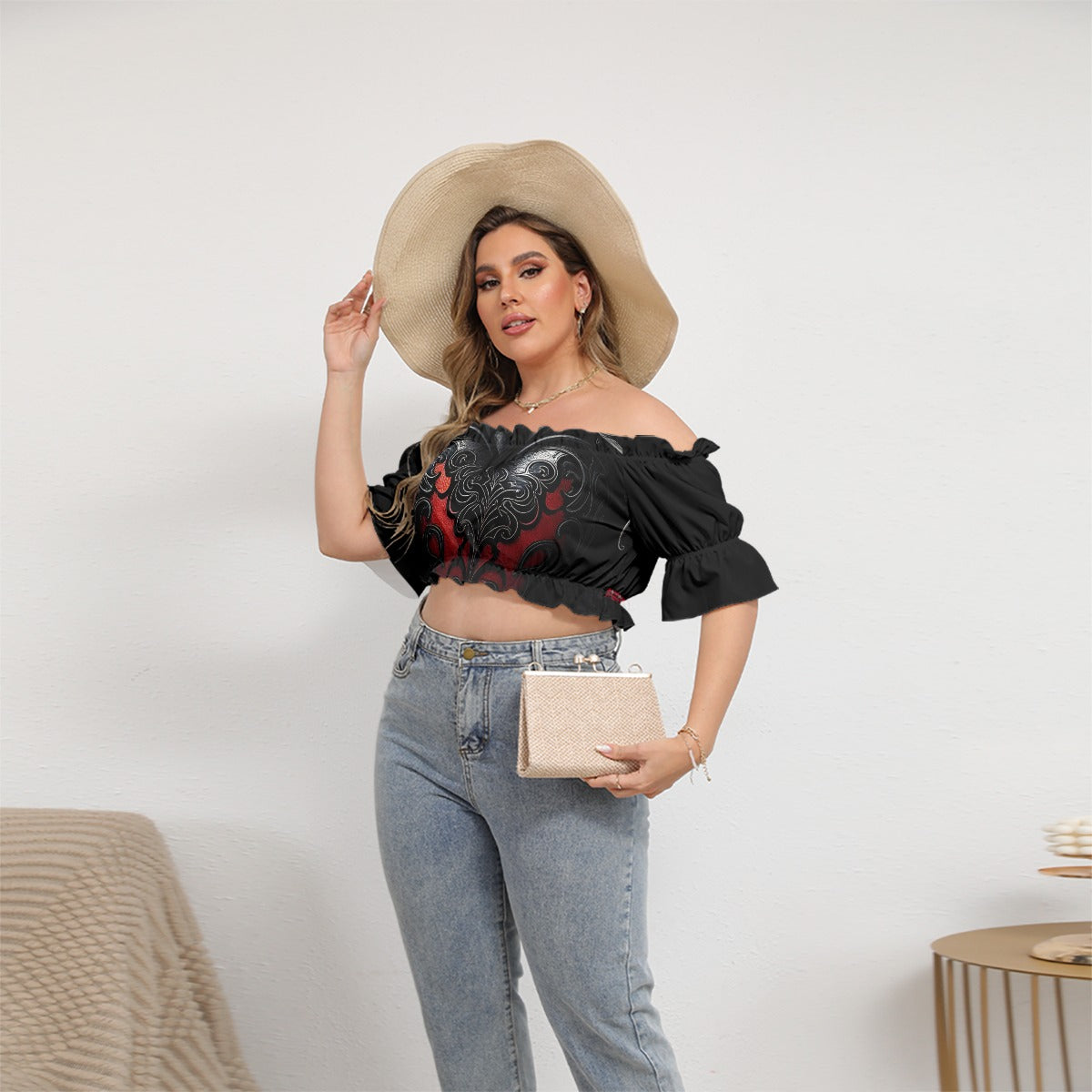 Stand out  with the  Queen of Hearts Off-shoulder Cropped Top (Plus Size)  available at Hey Nugget. Grab yours today!