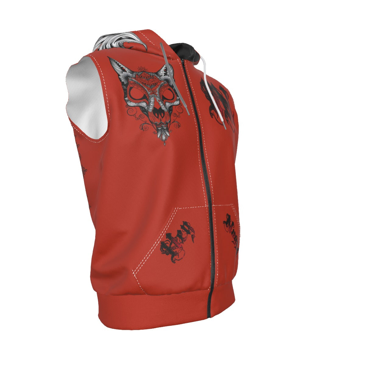 Stand out  with the  Hell Cat Zip-Up Sleeveless Hoodie  available at Hey Nugget. Grab yours today!