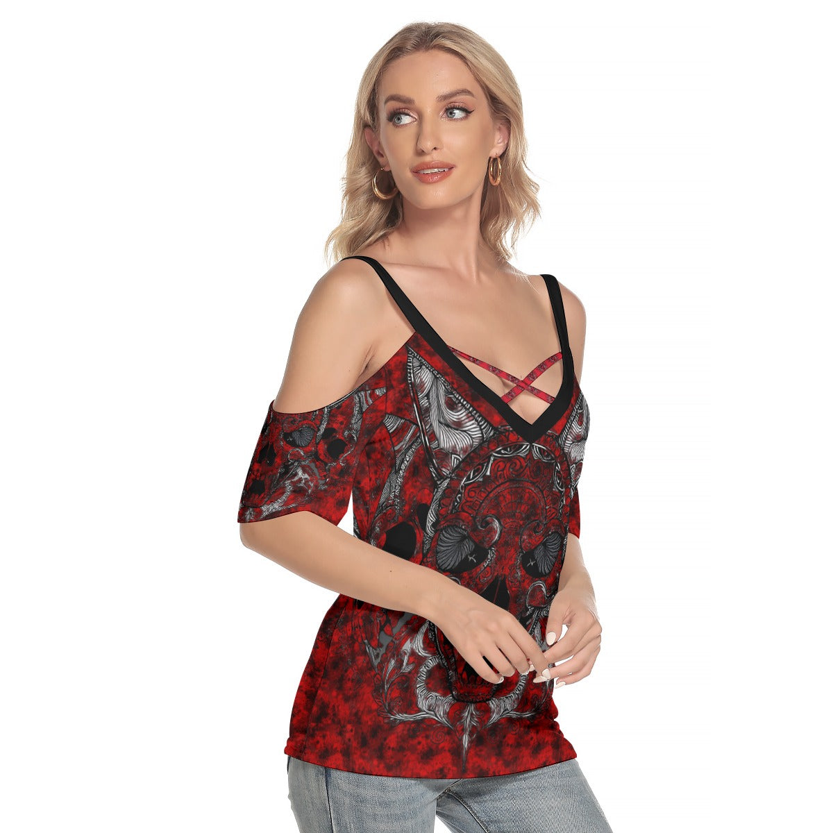 Stand out  with the  Hell Cat Cold Shoulder T-shirt  available at Hey Nugget. Grab yours today!