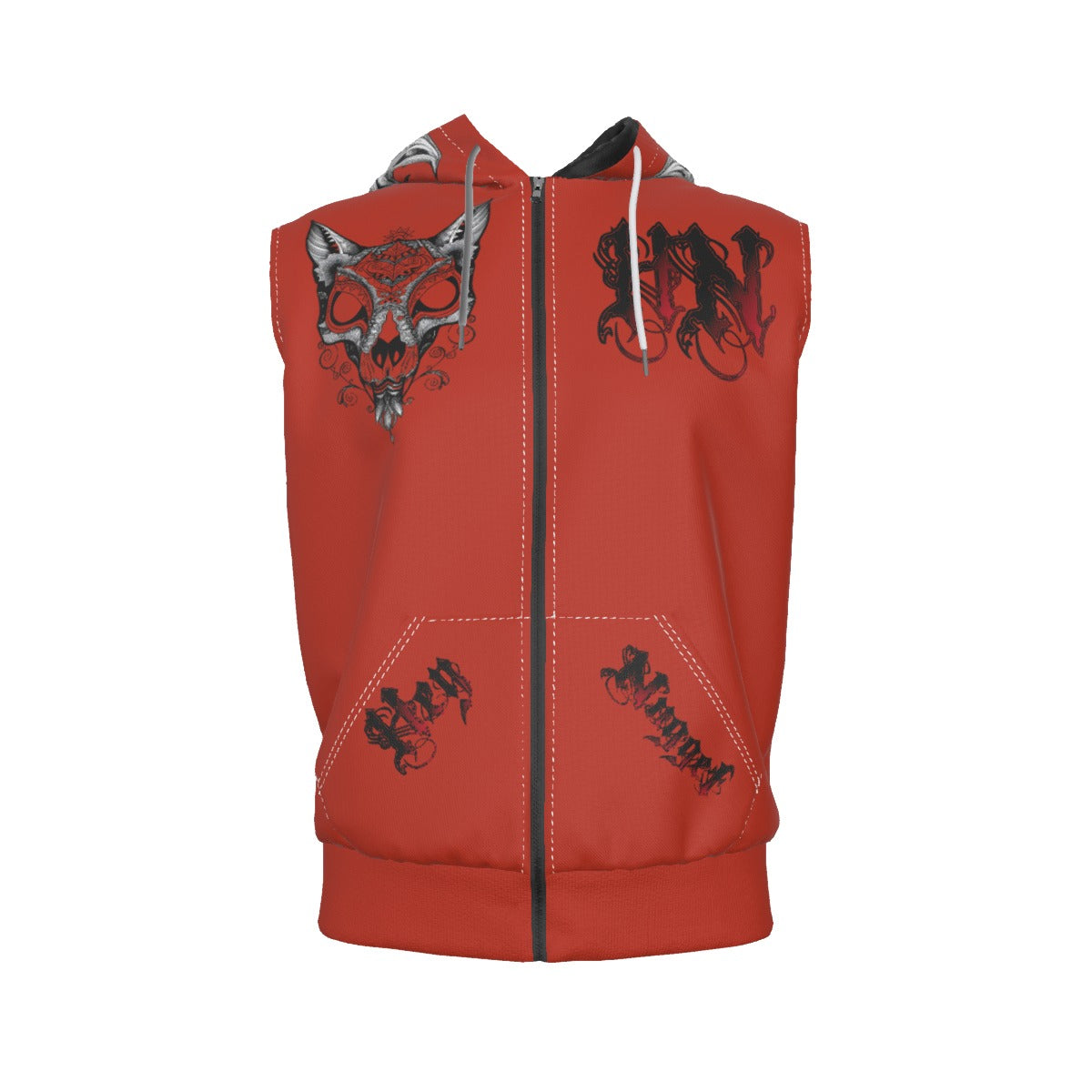 Stand out  with the  Hell Cat Zip-Up Sleeveless Hoodie  available at Hey Nugget. Grab yours today!