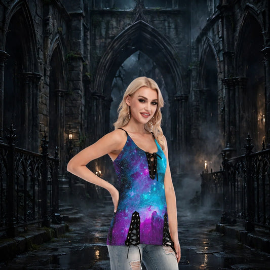 Stand out  with the  Galaxy Women's V-neck Eyelet Lace-up Shirt  available at Hey Nugget. Grab yours today!