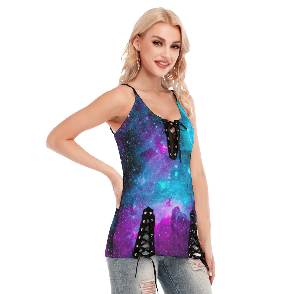 Stand out  with the  Galaxy Women's V-neck Eyelet Lace-up Shirt  available at Hey Nugget. Grab yours today!